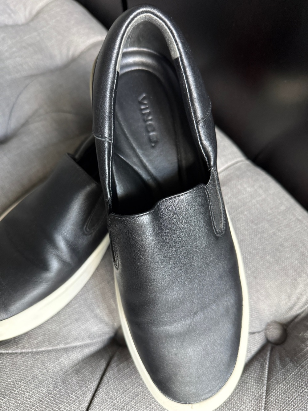 Vince Black Leather Slip-On Sneakers with White Sole